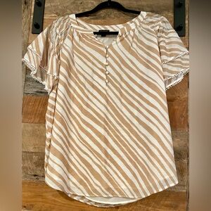 Ann Taylor Tan and White Zebra-Stripe Button Front Blouse